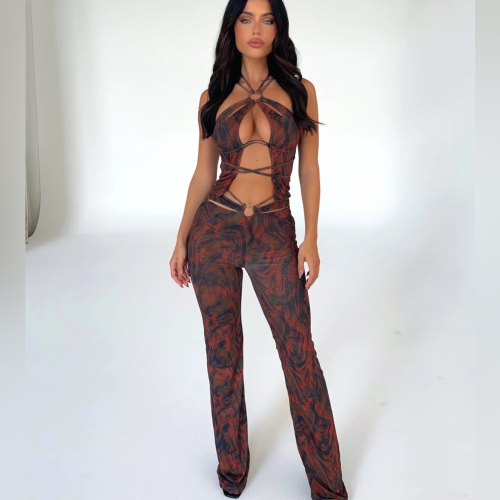 Outcast Exclusives Brianna Mesh set crop top and pants in color Sahara